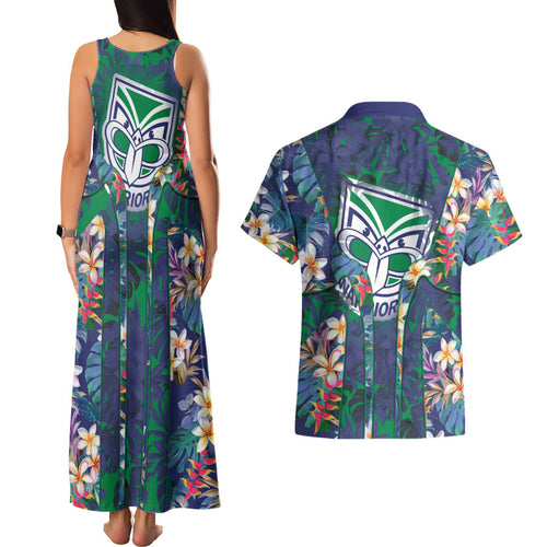 New Zealand Warriors Couples Matching Tank Maxi Dress and Hawaiian Shirt Tropical Polynesian Floral Pattern With Green And Blue Accents