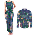 New Zealand Warriors Couples Matching Tank Maxi Dress and Long Sleeve Button Shirt Tropical Polynesian Floral Pattern With Green And Blue Accents