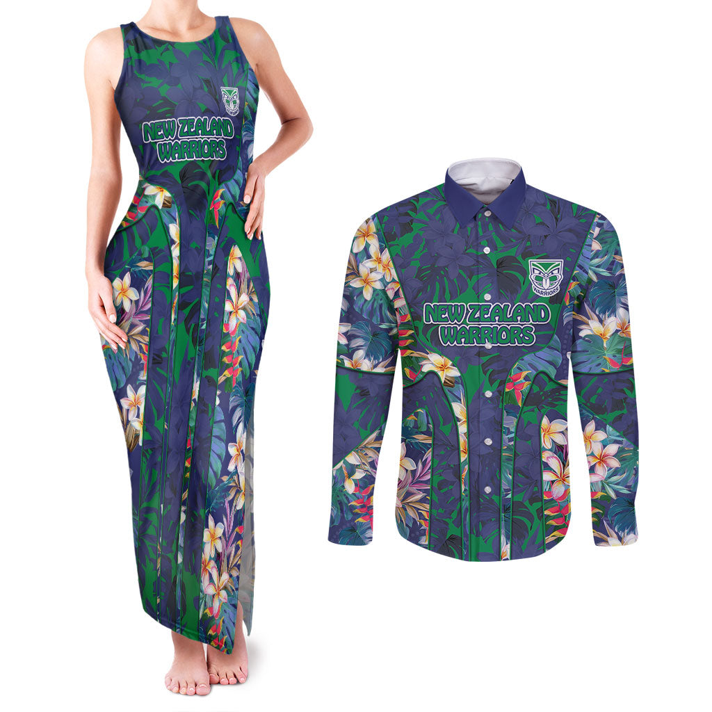 New Zealand Warriors Couples Matching Tank Maxi Dress and Long Sleeve Button Shirt Tropical Polynesian Floral Pattern With Green And Blue Accents
