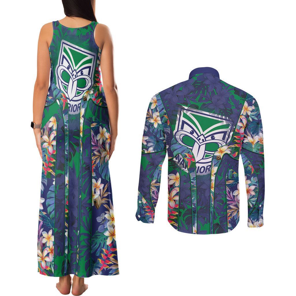 New Zealand Warriors Couples Matching Tank Maxi Dress and Long Sleeve Button Shirt Tropical Polynesian Floral Pattern With Green And Blue Accents