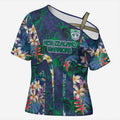 New Zealand Warriors Cross Shoulder Shirt Tropical Polynesian Floral Pattern With Green And Blue Accents