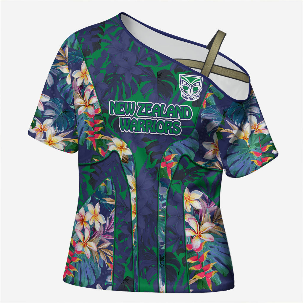 New Zealand Warriors Cross Shoulder Shirt Tropical Polynesian Floral Pattern With Green And Blue Accents