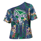 New Zealand Warriors Cross Shoulder Shirt Tropical Polynesian Floral Pattern With Green And Blue Accents