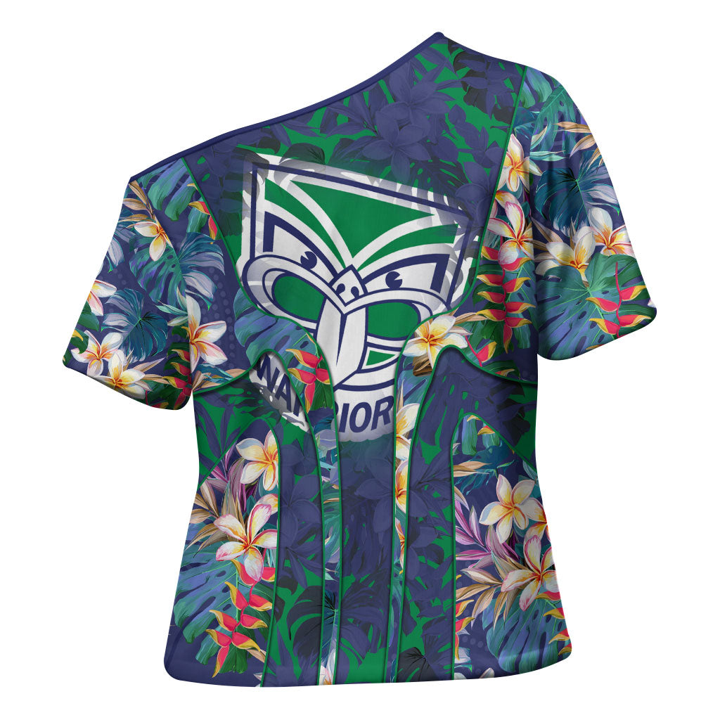 New Zealand Warriors Cross Shoulder Shirt Tropical Polynesian Floral Pattern With Green And Blue Accents