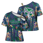 New Zealand Warriors Cross Shoulder Shirt Tropical Polynesian Floral Pattern With Green And Blue Accents