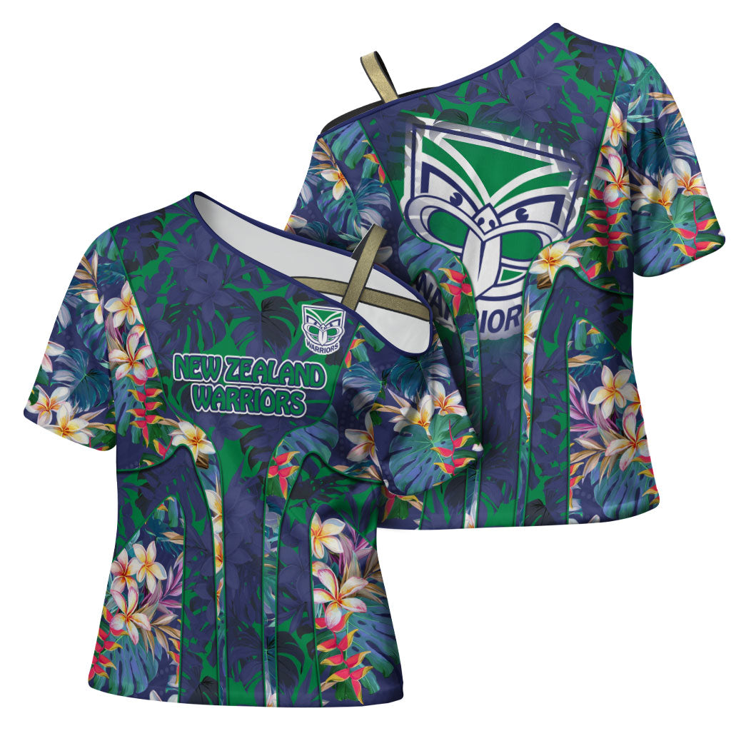 New Zealand Warriors Cross Shoulder Shirt Tropical Polynesian Floral Pattern With Green And Blue Accents