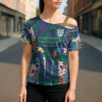New Zealand Warriors Cross Shoulder Shirt Tropical Polynesian Floral Pattern With Green And Blue Accents