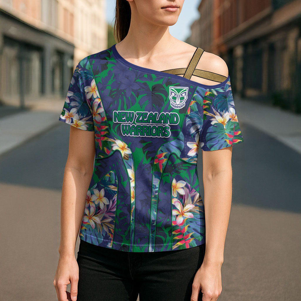 New Zealand Warriors Cross Shoulder Shirt Tropical Polynesian Floral Pattern With Green And Blue Accents