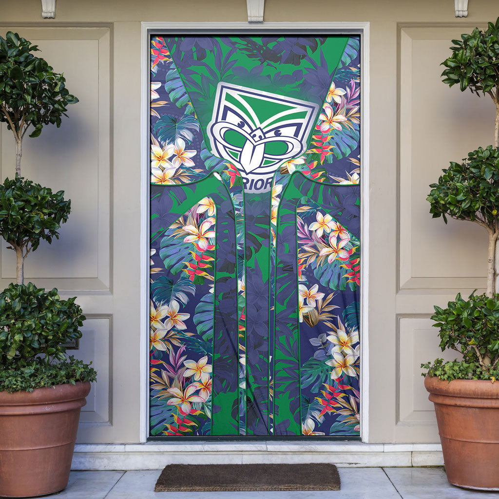 New Zealand Warriors Door Cover Tropical Polynesian Floral Pattern With Green And Blue Accents