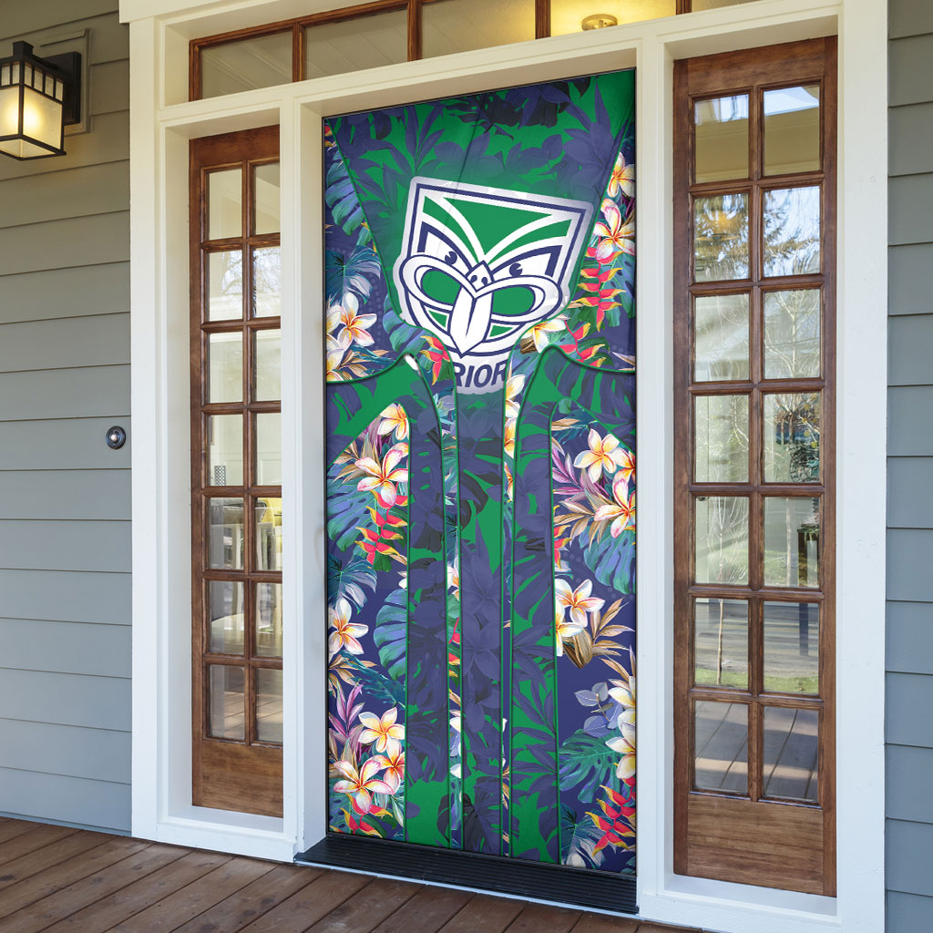 New Zealand Warriors Door Cover Tropical Polynesian Floral Pattern With Green And Blue Accents