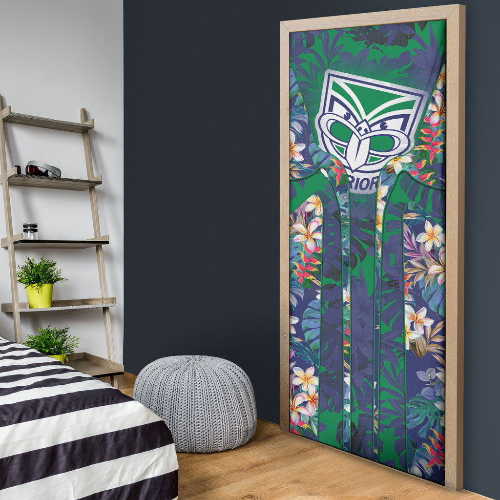 New Zealand Warriors Door Cover Tropical Polynesian Floral Pattern With Green And Blue Accents