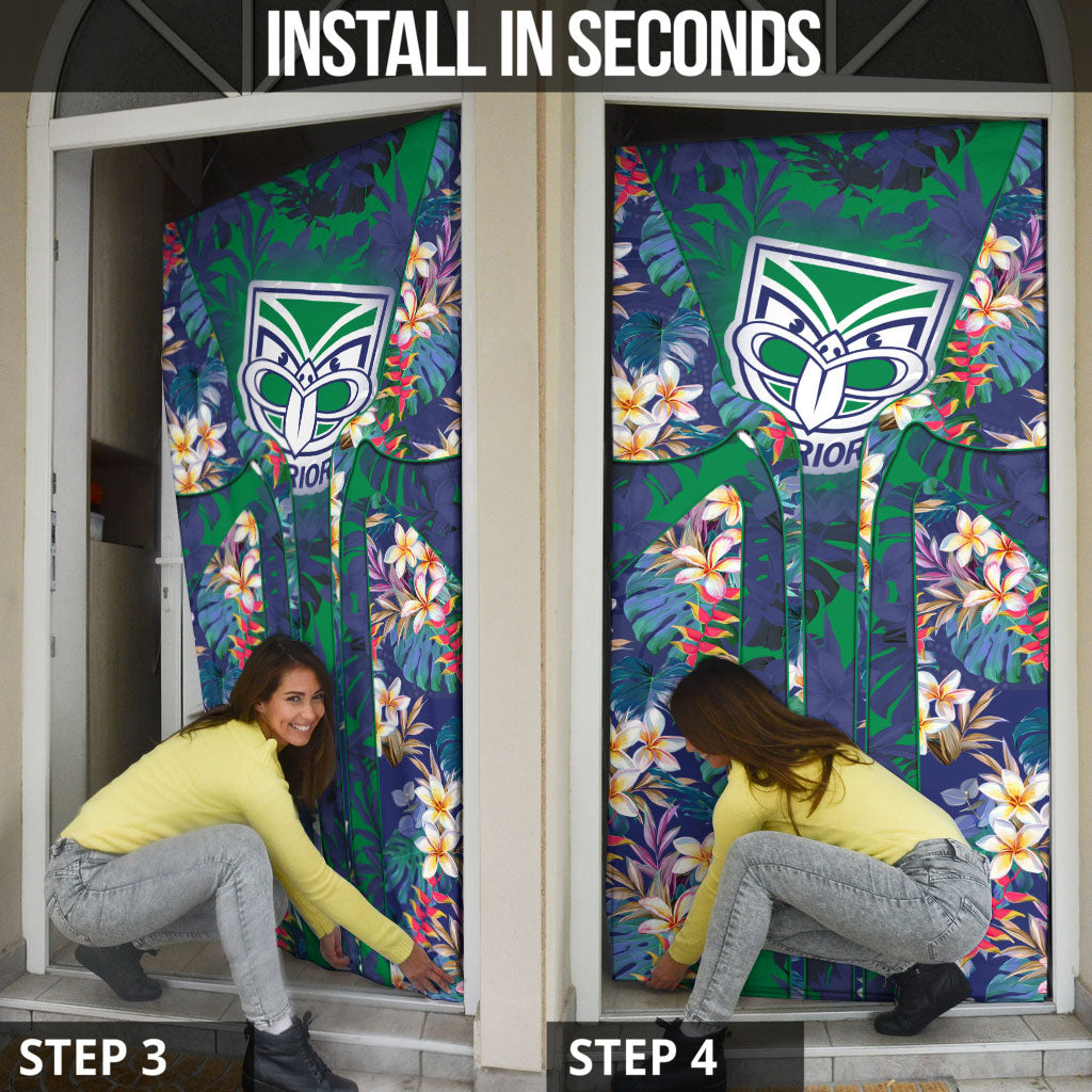 New Zealand Warriors Door Cover Tropical Polynesian Floral Pattern With Green And Blue Accents