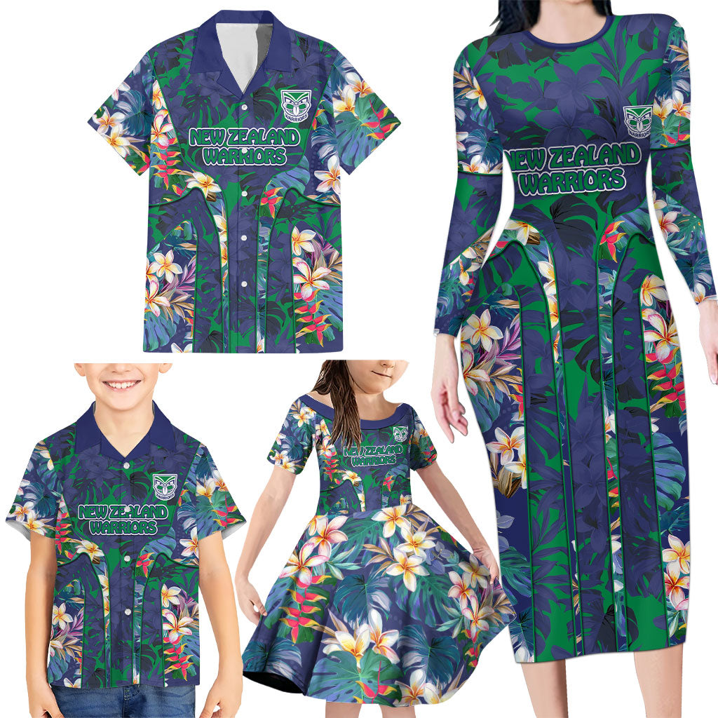 New Zealand Warriors Family Matching Long Sleeve Bodycon Dress and Hawaiian Shirt Tropical Polynesian Floral Pattern With Green And Blue Accents