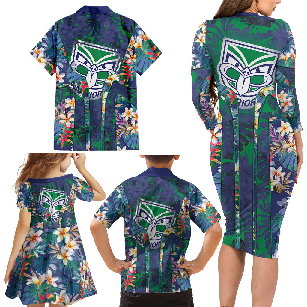 New Zealand Warriors Family Matching Long Sleeve Bodycon Dress and Hawaiian Shirt Tropical Polynesian Floral Pattern With Green And Blue Accents