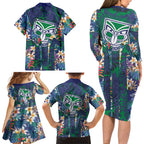 New Zealand Warriors Family Matching Long Sleeve Bodycon Dress and Hawaiian Shirt Tropical Polynesian Floral Pattern With Green And Blue Accents