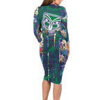 New Zealand Warriors Family Matching Long Sleeve Bodycon Dress and Hawaiian Shirt Tropical Polynesian Floral Pattern With Green And Blue Accents
