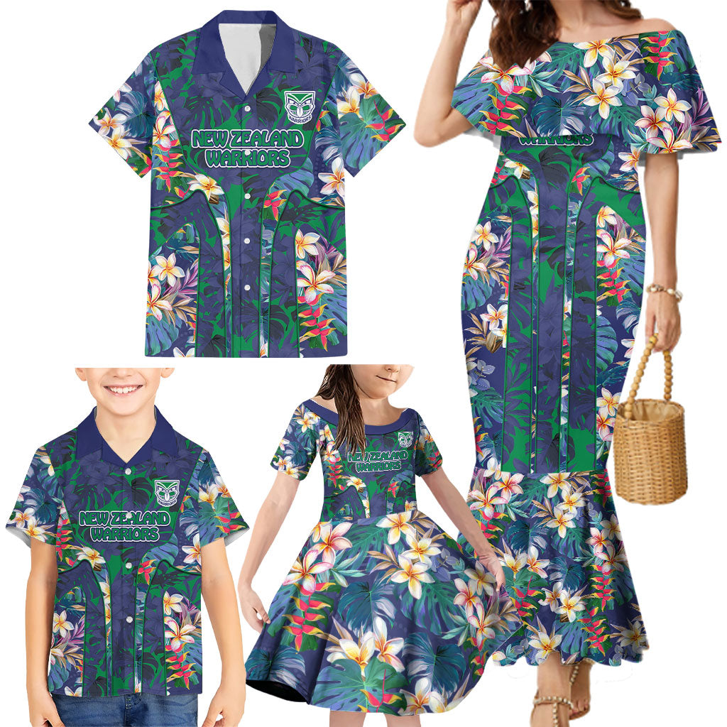New Zealand Warriors Family Matching Mermaid Dress and Hawaiian Shirt Tropical Polynesian Floral Pattern With Green And Blue Accents
