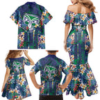 New Zealand Warriors Family Matching Mermaid Dress and Hawaiian Shirt Tropical Polynesian Floral Pattern With Green And Blue Accents