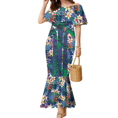 New Zealand Warriors Family Matching Mermaid Dress and Hawaiian Shirt Tropical Polynesian Floral Pattern With Green And Blue Accents