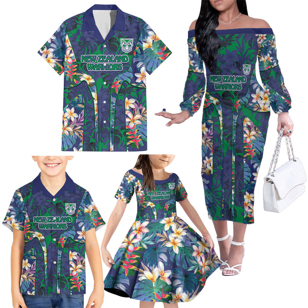 New Zealand Warriors Family Matching Off The Shoulder Long Sleeve Dress and Hawaiian Shirt Tropical Polynesian Floral Pattern With Green And Blue Accents