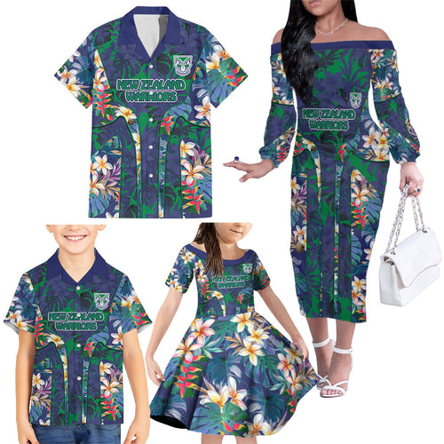 New Zealand Warriors Family Matching Off The Shoulder Long Sleeve Dress and Hawaiian Shirt Tropical Polynesian Floral Pattern With Green And Blue Accents