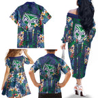 New Zealand Warriors Family Matching Off The Shoulder Long Sleeve Dress and Hawaiian Shirt Tropical Polynesian Floral Pattern With Green And Blue Accents