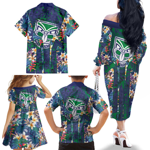 New Zealand Warriors Family Matching Off The Shoulder Long Sleeve Dress and Hawaiian Shirt Tropical Polynesian Floral Pattern With Green And Blue Accents