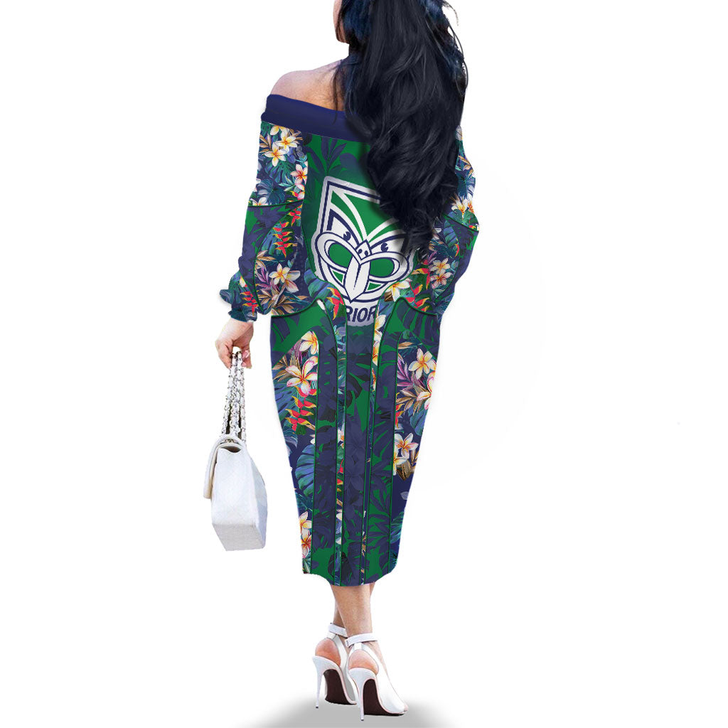 New Zealand Warriors Family Matching Off The Shoulder Long Sleeve Dress and Hawaiian Shirt Tropical Polynesian Floral Pattern With Green And Blue Accents