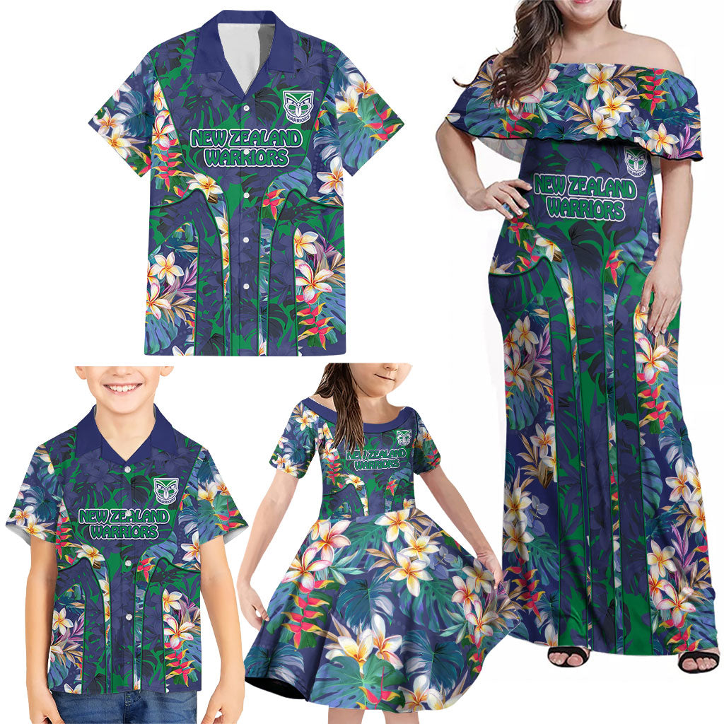 New Zealand Warriors Family Matching Off Shoulder Maxi Dress and Hawaiian Shirt Tropical Polynesian Floral Pattern With Green And Blue Accents