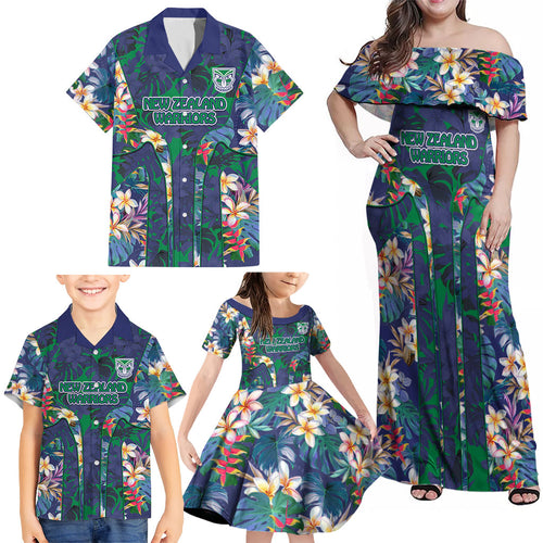 New Zealand Warriors Family Matching Off Shoulder Maxi Dress and Hawaiian Shirt Tropical Polynesian Floral Pattern With Green And Blue Accents