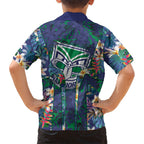 New Zealand Warriors Family Matching Off Shoulder Maxi Dress and Hawaiian Shirt Tropical Polynesian Floral Pattern With Green And Blue Accents