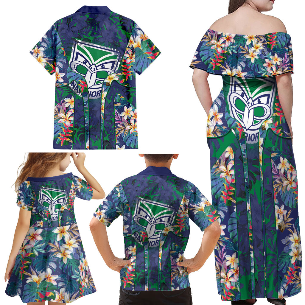 New Zealand Warriors Family Matching Off Shoulder Maxi Dress and Hawaiian Shirt Tropical Polynesian Floral Pattern With Green And Blue Accents