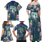 New Zealand Warriors Family Matching Off Shoulder Maxi Dress and Hawaiian Shirt Tropical Polynesian Floral Pattern With Green And Blue Accents