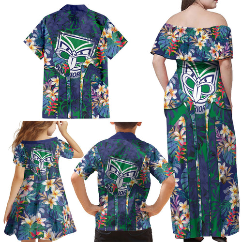 New Zealand Warriors Family Matching Off Shoulder Maxi Dress and Hawaiian Shirt Tropical Polynesian Floral Pattern With Green And Blue Accents