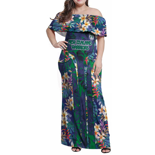 New Zealand Warriors Family Matching Off Shoulder Maxi Dress and Hawaiian Shirt Tropical Polynesian Floral Pattern With Green And Blue Accents