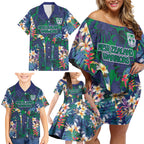 New Zealand Warriors Family Matching Off Shoulder Short Dress and Hawaiian Shirt Tropical Polynesian Floral Pattern With Green And Blue Accents
