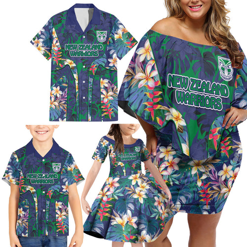 New Zealand Warriors Family Matching Off Shoulder Short Dress and Hawaiian Shirt Tropical Polynesian Floral Pattern With Green And Blue Accents