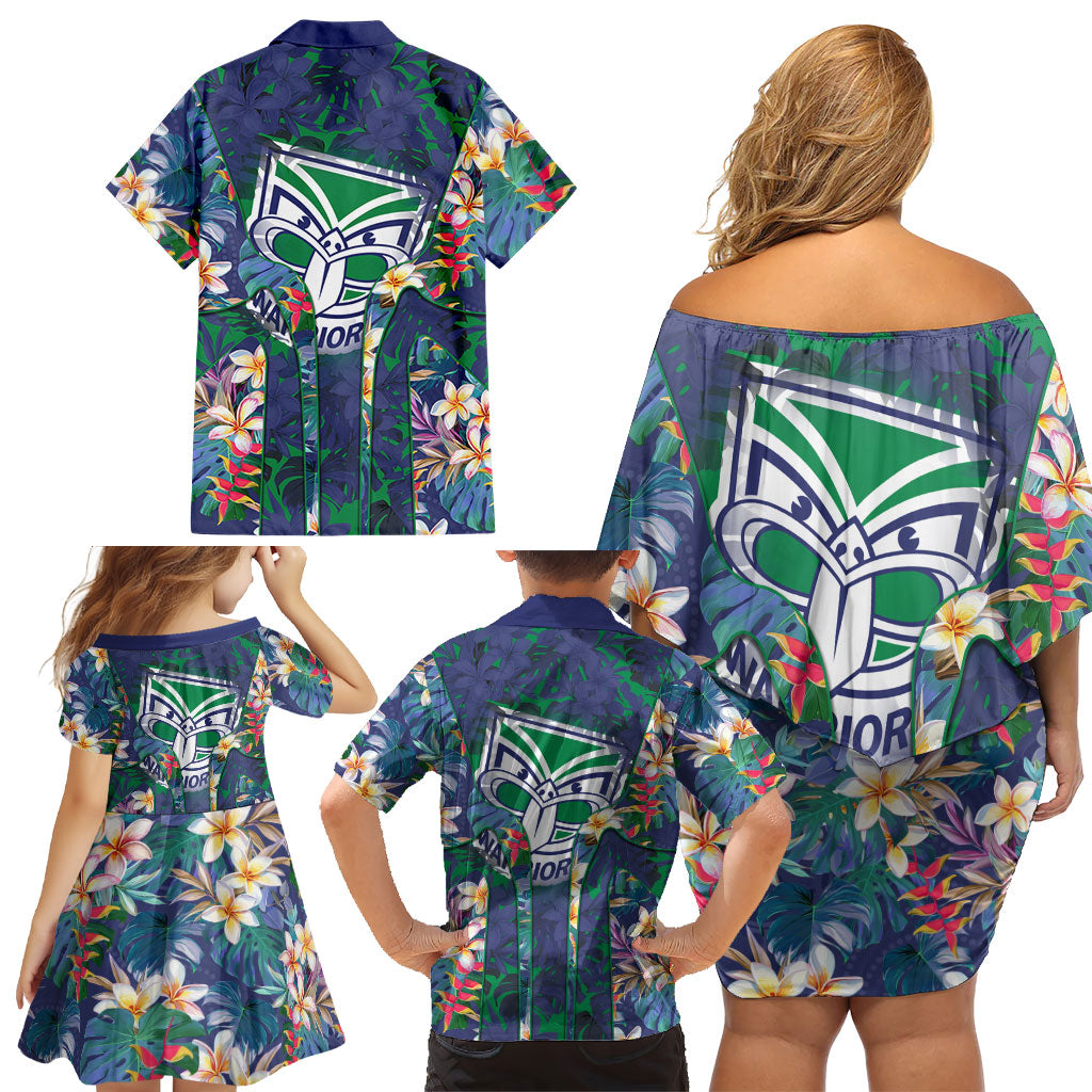New Zealand Warriors Family Matching Off Shoulder Short Dress and Hawaiian Shirt Tropical Polynesian Floral Pattern With Green And Blue Accents