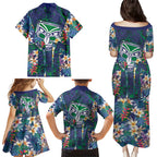 New Zealand Warriors Family Matching Puletasi and Hawaiian Shirt Tropical Polynesian Floral Pattern With Green And Blue Accents