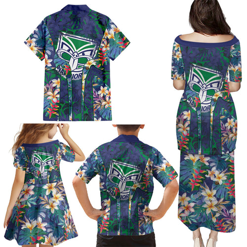 New Zealand Warriors Family Matching Puletasi and Hawaiian Shirt Tropical Polynesian Floral Pattern With Green And Blue Accents
