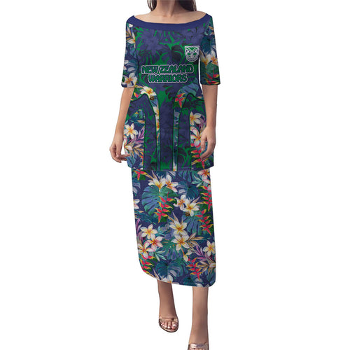 New Zealand Warriors Family Matching Puletasi and Hawaiian Shirt Tropical Polynesian Floral Pattern With Green And Blue Accents