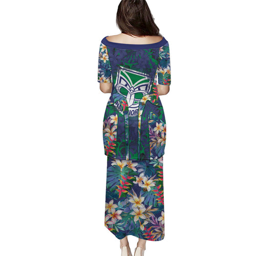 New Zealand Warriors Family Matching Puletasi and Hawaiian Shirt Tropical Polynesian Floral Pattern With Green And Blue Accents