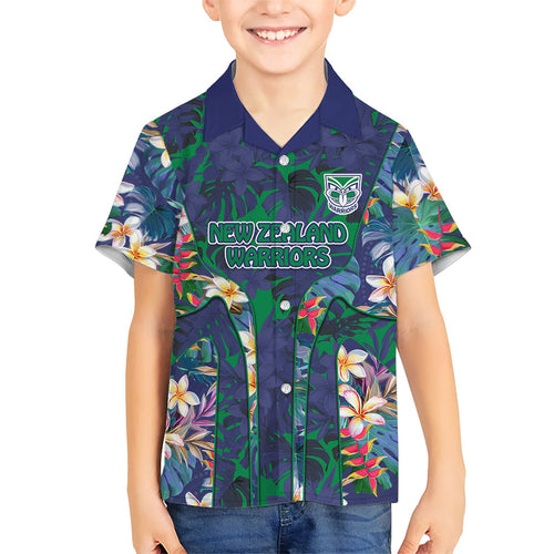 New Zealand Warriors Family Matching Puletasi and Hawaiian Shirt Tropical Polynesian Floral Pattern With Green And Blue Accents