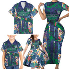New Zealand Warriors Family Matching Short Sleeve Bodycon Dress and Hawaiian Shirt Tropical Polynesian Floral Pattern With Green And Blue Accents