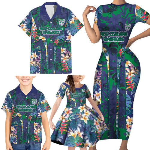 New Zealand Warriors Family Matching Short Sleeve Bodycon Dress and Hawaiian Shirt Tropical Polynesian Floral Pattern With Green And Blue Accents