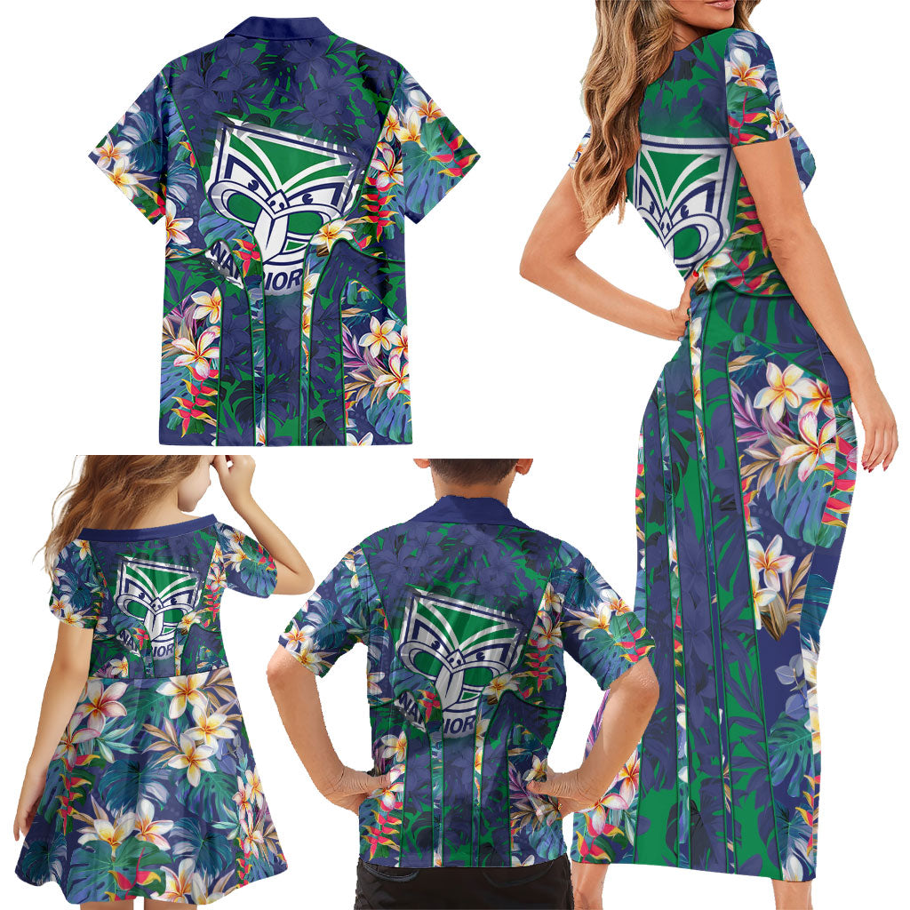 New Zealand Warriors Family Matching Short Sleeve Bodycon Dress and Hawaiian Shirt Tropical Polynesian Floral Pattern With Green And Blue Accents