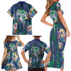 New Zealand Warriors Family Matching Short Sleeve Bodycon Dress and Hawaiian Shirt Tropical Polynesian Floral Pattern With Green And Blue Accents