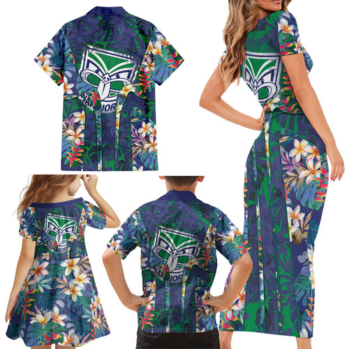 New Zealand Warriors Family Matching Short Sleeve Bodycon Dress and Hawaiian Shirt Tropical Polynesian Floral Pattern With Green And Blue Accents