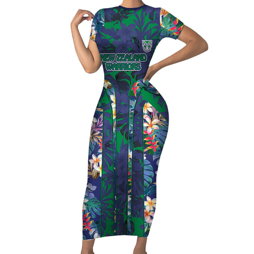 New Zealand Warriors Family Matching Short Sleeve Bodycon Dress and Hawaiian Shirt Tropical Polynesian Floral Pattern With Green And Blue Accents