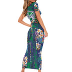 New Zealand Warriors Family Matching Short Sleeve Bodycon Dress and Hawaiian Shirt Tropical Polynesian Floral Pattern With Green And Blue Accents